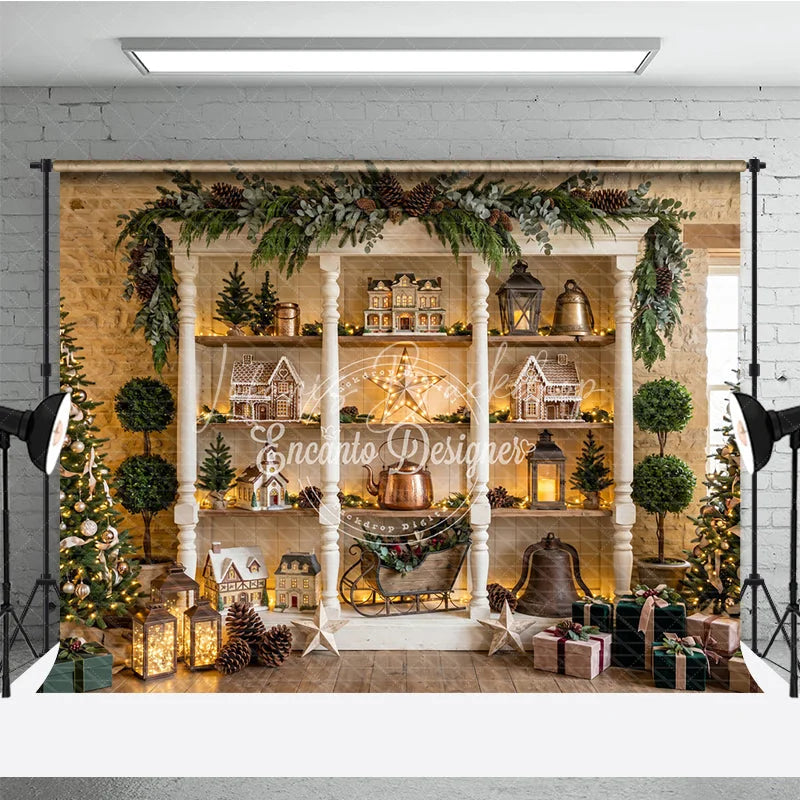 Lofaris Charming Winter Holiday Backdrop with Gingerbread Houses Decorated Christmas Trees Festive Decor Rustic Shelf Display