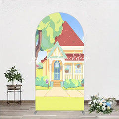 Lofaris Cheerful Animated Cartoon House with Red Roof and Yellow Walls Round Top Arch Backdrop Kids Birthday Party Decor