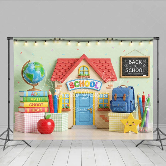 Lofaris Cheerful Back to School Photography Backdrop with Building Globe and Books for Kids’ Photoshoot