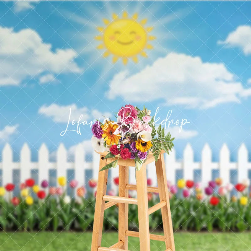 Lofaris Cheerful Blue Sky with Smiling Sun Picket Fence and Colorful Tulips Photography Backdrop Spring Garden Party Decor