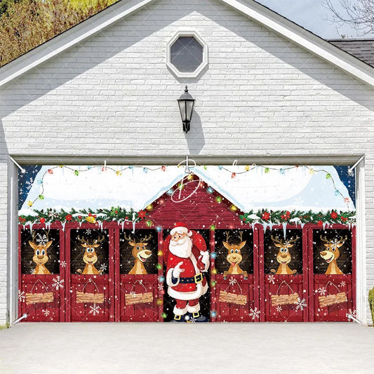 Lofaris Cheerful Christmas Santa and Reindeer Red Barn Garage Door Banner Snowy Holiday Outdoor Decoration with Lights