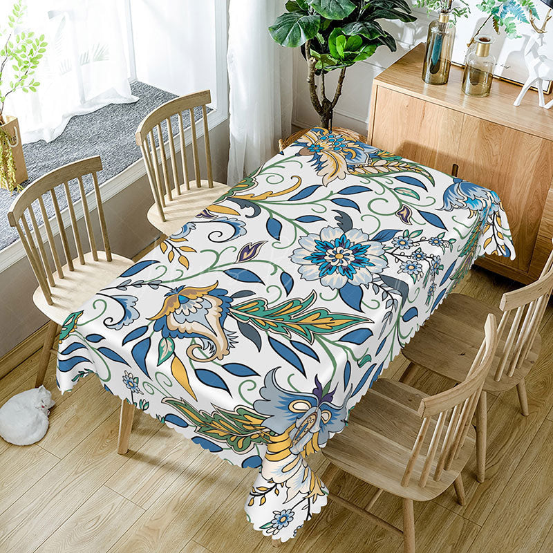 Lofaris Cheerful Floral Rectangle Tablecloth in White Blue and Yellow for Spring French Country Decor