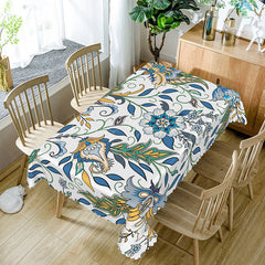 Lofaris Cheerful Floral Rectangle Tablecloth in White Blue and Yellow for Spring French Country Decor