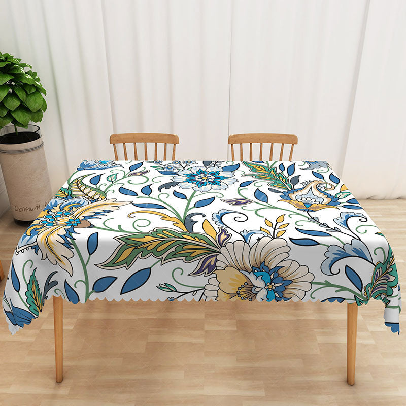 Lofaris Cheerful Floral Rectangle Tablecloth in White Blue and Yellow for Spring French Country Decor