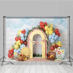 Lofaris Cheerful Picnic Photography Backdrop with Red Yellow Blue Balloons Gingham Arch and Summer Fruits for Birthday Party