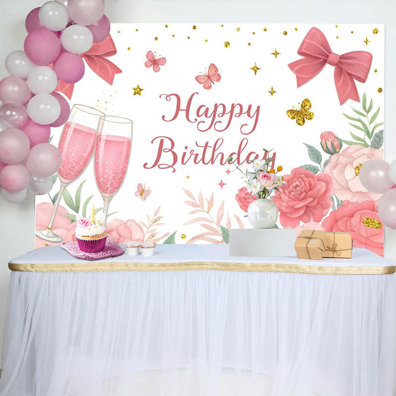 Lofaris Cheers To Birthday Bows Floral Backdrop