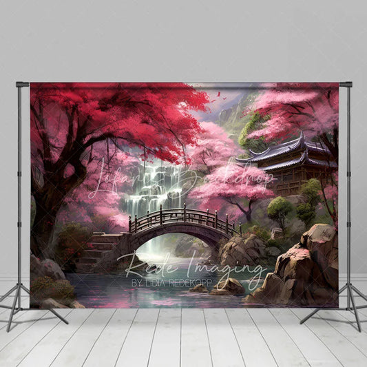 Lofaris Cherry Blossom Garden Backdrop Wooden Bridge and Waterfall Photography Background for Spring Asian Architecture