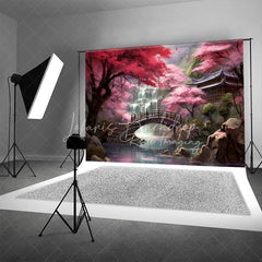 Lofaris Cherry Blossom Garden Backdrop Wooden Bridge and Waterfall Photography Background for Spring Asian Architecture