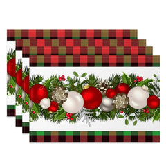 Lofaris Cherry Leaves Bauble Plaid Xmas Set Of 4 Placemats