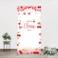 Lofaris Cherry Theme Rectangle Backdrop Pink Watercolor Fruit Red Bows Background She Is The On Top Baby Shower Cover