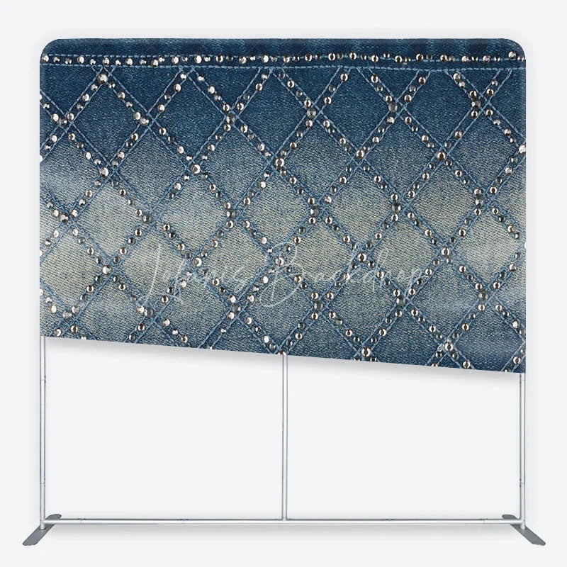 Lofaris Chic Blue Denim Texture Square Double-Sided Backdrop Diamond Pattern with Sparkling Silver Studs for Stylish Photos