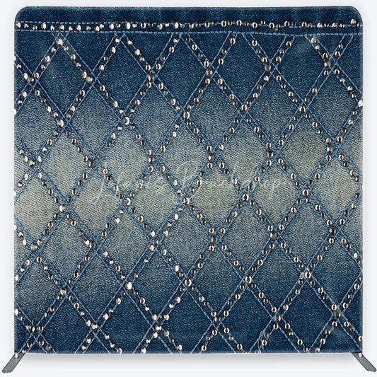 Lofaris Chic Blue Denim Texture Square Double-Sided Backdrop Diamond Pattern with Sparkling Silver Studs for Stylish Photos