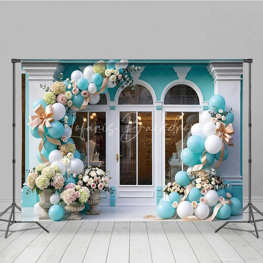 Lofaris Chic Light Blue and White Balloon Garland Storefront Photography Backdrop Elegant Floral Celebration Party Decor