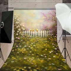 Lofaris Chicks on White Fence Backdrop Artistic Oil Painting Floral Meadow Scene Easter and Spring Photography