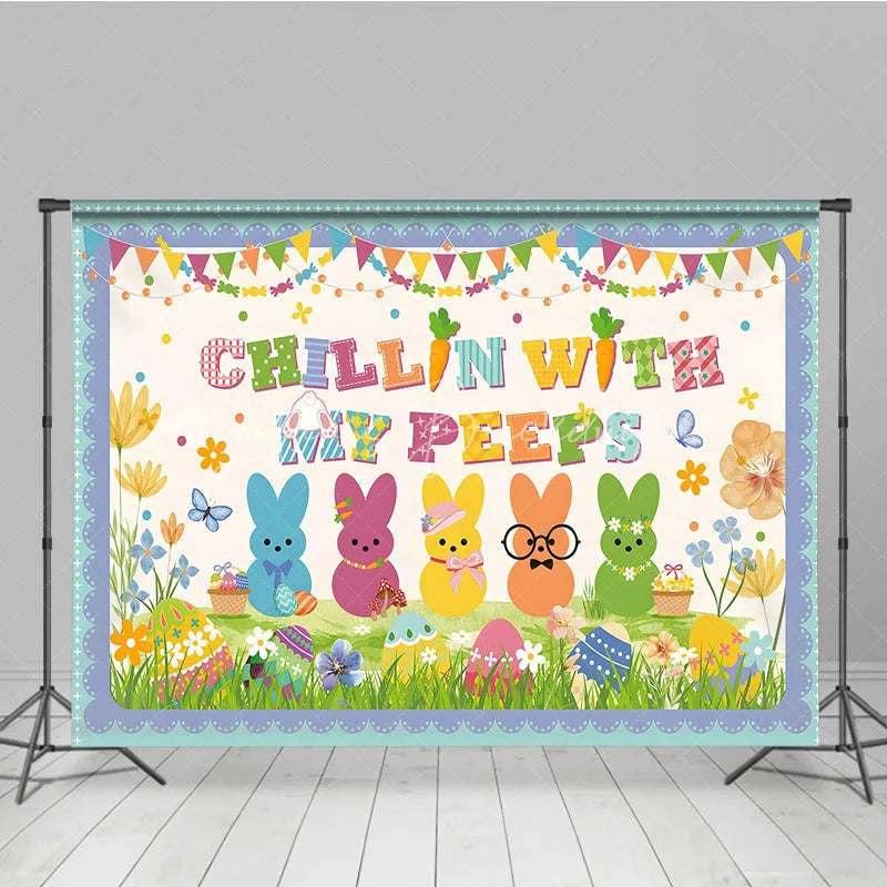 Lofaris Chillin With My Peeps Backdrop Funny Bunnies with Glasses and Hats Background Easter Party Decorations for Kids