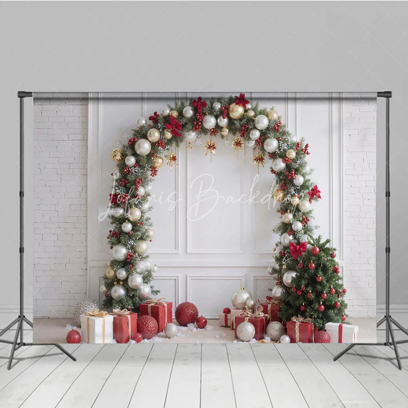 Lofaris Christmas Balloon Arch Backdrop Red Gold Silver Ornaments Decor White Wall Holiday Party Photo Props