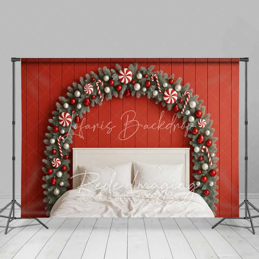 Lofaris Christmas Bedroom Headboard Backdrop Red Wall Candy Cane Fir Arch White Bed Photo Background
