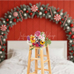 Lofaris Christmas Bedroom Headboard Backdrop Red Wall Candy Cane Fir Arch White Bed Photo Background
