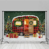Lofaris Christmas Camper Photography Backdrop Red Buffalo Plaid Vintage Trailer Snowy Holiday Mini Session Background