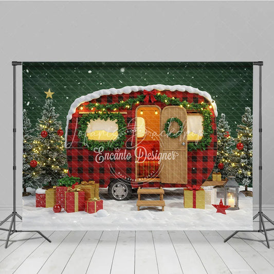 Lofaris Christmas Camper Photography Backdrop Red Buffalo Plaid Vintage Trailer Snowy Holiday Mini Session Background