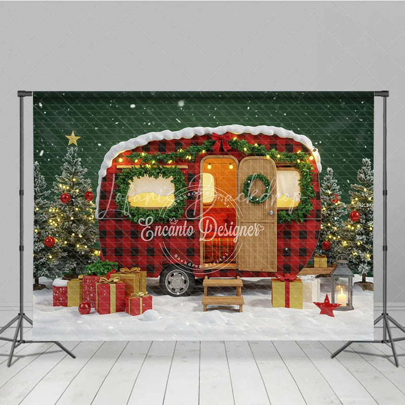 Lofaris Christmas Camper with Red Plaid Combo Set Backdrop Vintage Trailer in Snow Holiday Mini Session Photo Floor