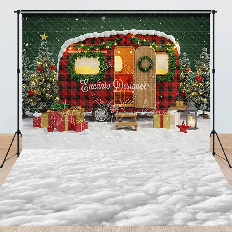 Lofaris Christmas Camper with Red Plaid Combo Set Backdrop Vintage Trailer in Snow Holiday Mini Session Photo Floor