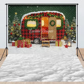 Lofaris Christmas Camper with Red Plaid Combo Set Backdrop Vintage Trailer in Snow Holiday Mini Session Photo Floor