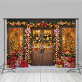 Lofaris Christmas Candy Cane Porch Photography Backdrop Red and Gold Garland Decor Holiday Photo Booth Background