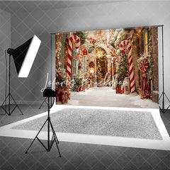 Lofaris Christmas Candy Cane Snow Street Holiday Backdrop Festive Warm Lights and Pine Tree Winter Party Decor