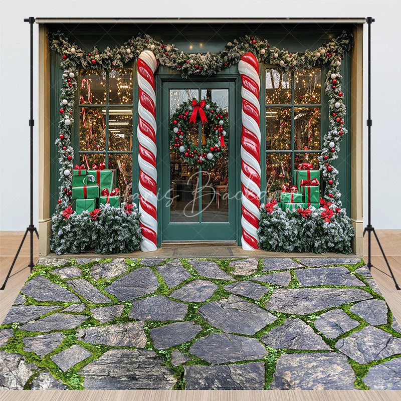 Lofaris Christmas Candy Cane Storefront Combo Set Backdrop Winter Holiday Shop Window Stone Floor Photography Prop