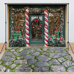 Lofaris Christmas Candy Cane Storefront Combo Set Backdrop Winter Holiday Shop Window Stone Floor Photography Prop