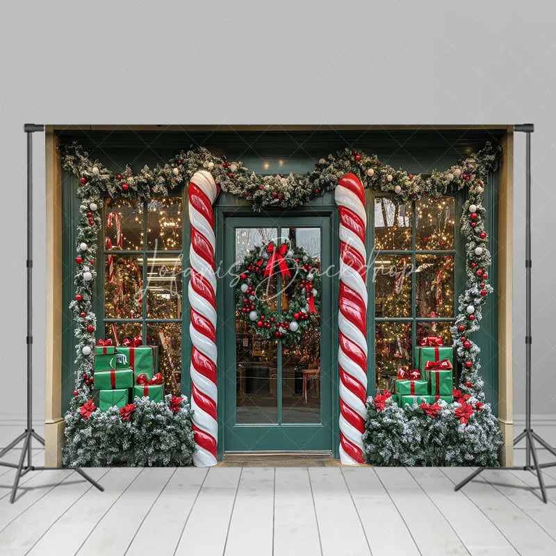 Lofaris Christmas Candy Cane Storefront Combo Set Backdrop Winter Holiday Shop Window Stone Floor Photography Prop