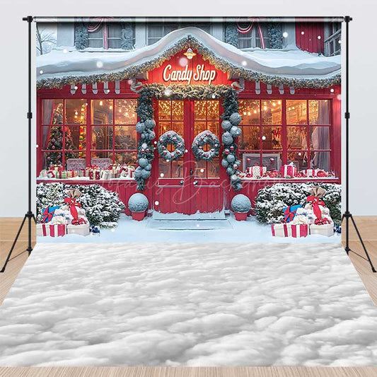 Lofaris Christmas Candy Shop Combo Set Backdrop Holiday Storefront with Snow Floor Winter Wonderland Photo Booth