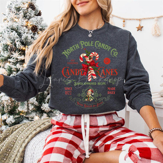 Lofaris Christmas Candy Themed Sweatshirt Personalized Name Sweet Holiday Pullover Fun Festive Gift for Her Best Friend