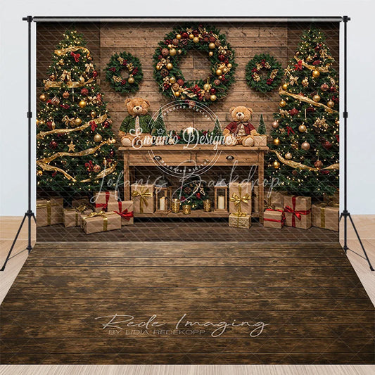 Lofaris Christmas Combo Set Backdrop Rustic Wood Wall and Floor Xmas Tree Wreath Holiday Photo Booth Props