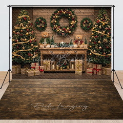 Lofaris Christmas Combo Set Backdrop Rustic Wood Wall and Floor Xmas Tree Wreath Holiday Photo Booth Props