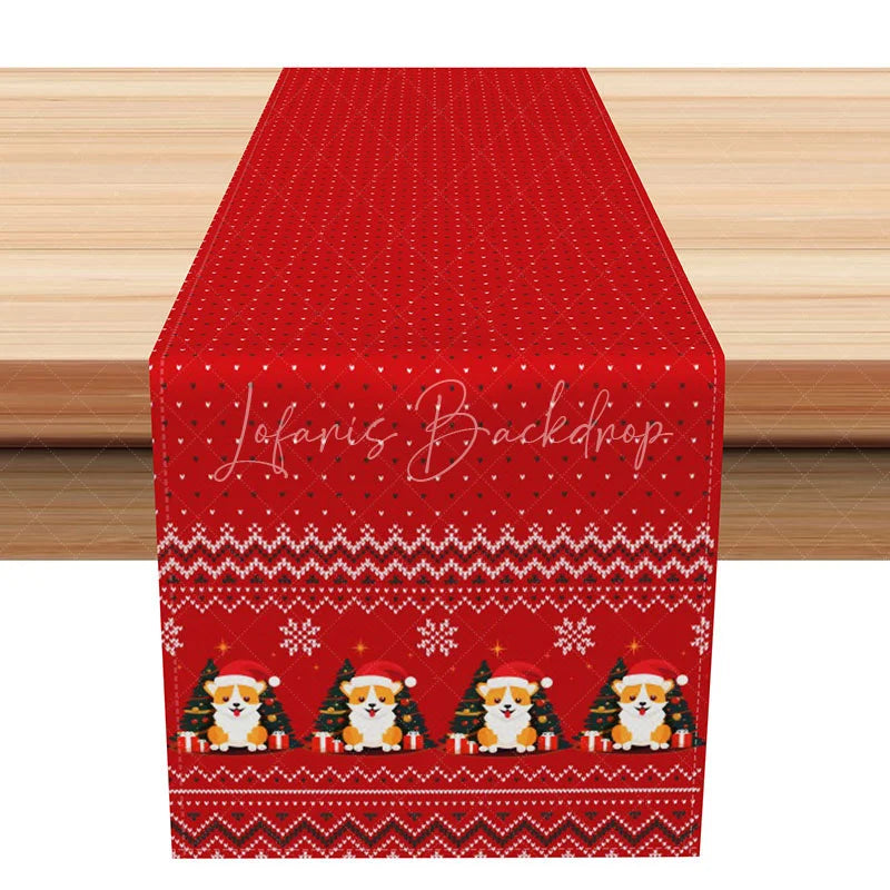 Lofaris Christmas Corgi Fair Isle Table Runner ’Ugly Sweater’ Style with Santa Hat Red Holiday Decor