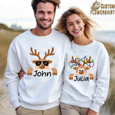 Lofaris Christmas Elk Couple Sweatshirts His and Hers Matching Holiday Pullover Personalized Name Romantic Xmas Gift Set
