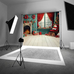 Lofaris Christmas Fireplace Sweep Photo Backdrop Cozy Room with Snowman and Gifts Teal Red Holiday Studio Prop