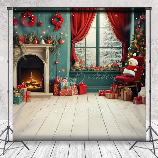 Lofaris Christmas Fireplace Sweep Photo Backdrop Cozy Room with Snowman and Gifts Teal Red Holiday Studio Prop