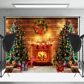 Lofaris Christmas Fireplace Wooden Wall Festive Backdrop