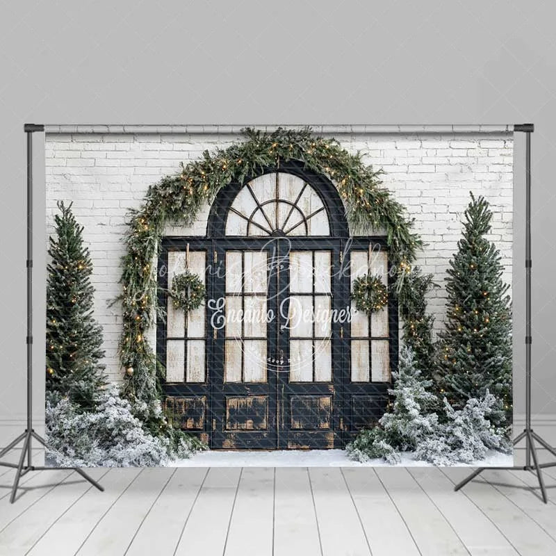 Lofaris Christmas Front Door Backdrop Black Arched Window Wreath Pine Trees Lights Snow White Brick Background
