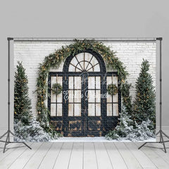 Lofaris Christmas Front Door Backdrop Black Arched Window Wreath Pine Trees Lights Snow White Brick Background
