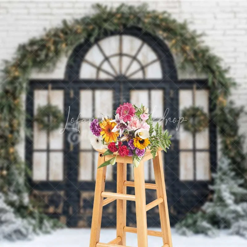 Lofaris Christmas Front Door Backdrop Black Arched Window Wreath Pine Trees Lights Snow White Brick Background
