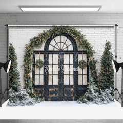 Lofaris Christmas Front Door Backdrop Black Arched Window Wreath Pine Trees Lights Snow White Brick Background