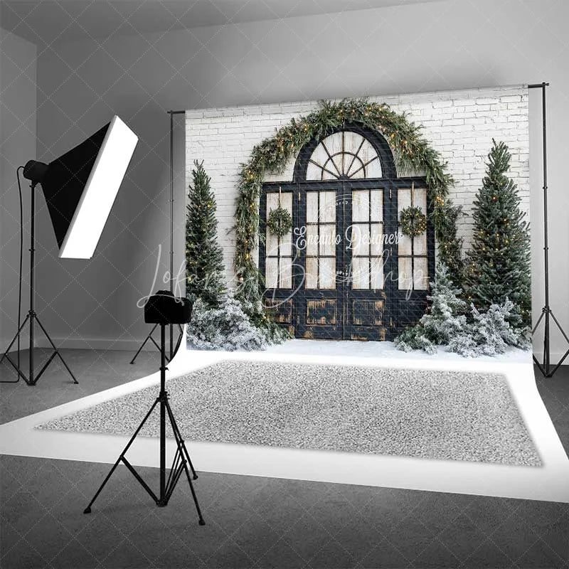 Lofaris Christmas Front Door Backdrop Black Arched Window Wreath Pine Trees Lights Snow White Brick Background
