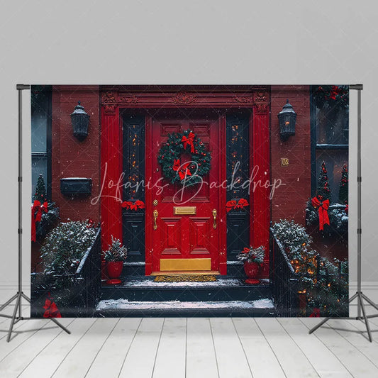 Lofaris Christmas Front Door Backdrop Red Brick House Wreath Photography Background Winter Snow Entryway Holiday Party Decoration