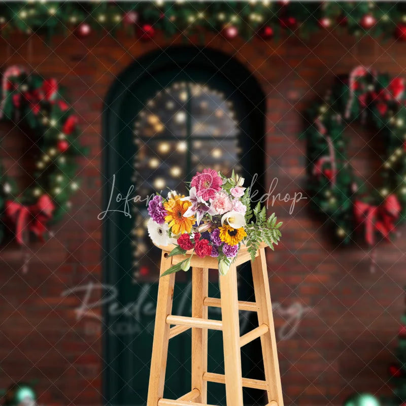 Lofaris Christmas Front Door Backdrop Red Brick Wall Wreath Photography Background Winter Snow Entrance Holiday Party Decoration