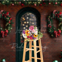 Lofaris Christmas Front Door Backdrop Red Brick Wall Wreath Photography Background Winter Snow Entrance Holiday Party Decoration