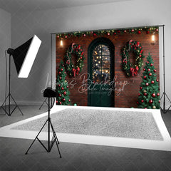 Lofaris Christmas Front Door Backdrop Red Brick Wall Wreath Photography Background Winter Snow Entrance Holiday Party Decoration